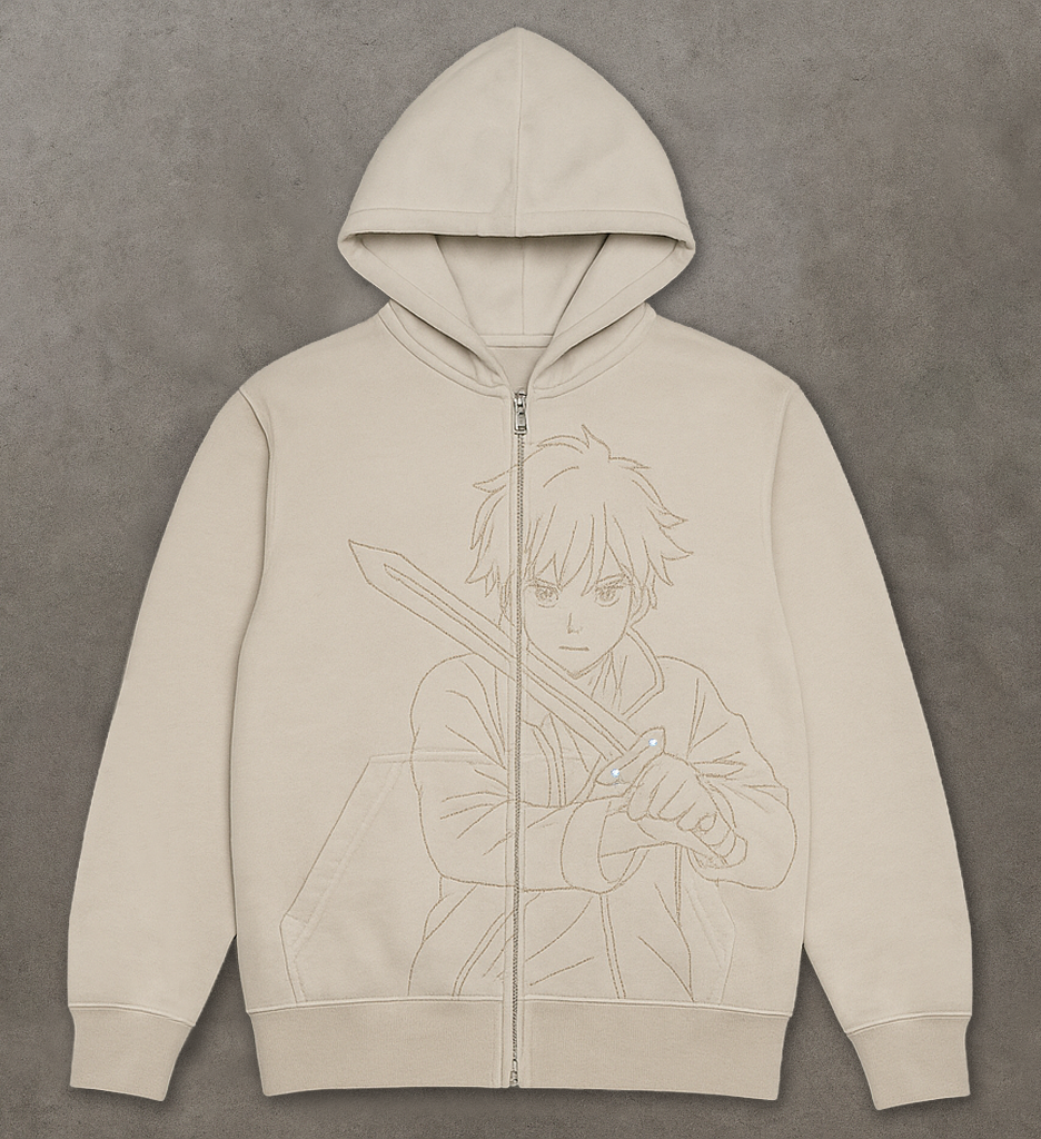 “ETERNAL HERO” Cream Zip-Up Hoodie