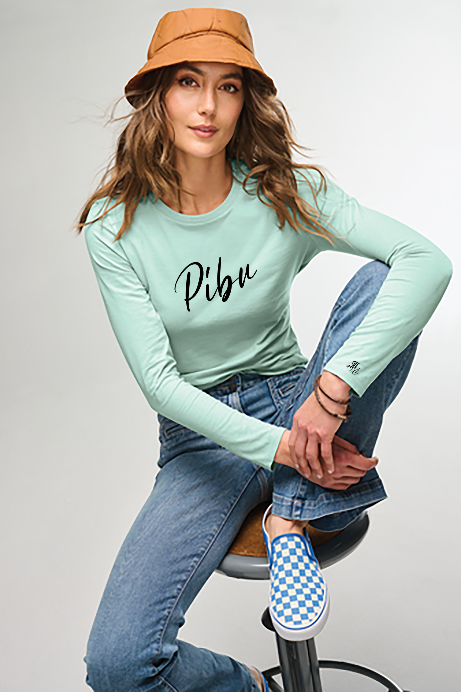 Women's PIBU Script Round Neck Fitted Long Sleeve - Black