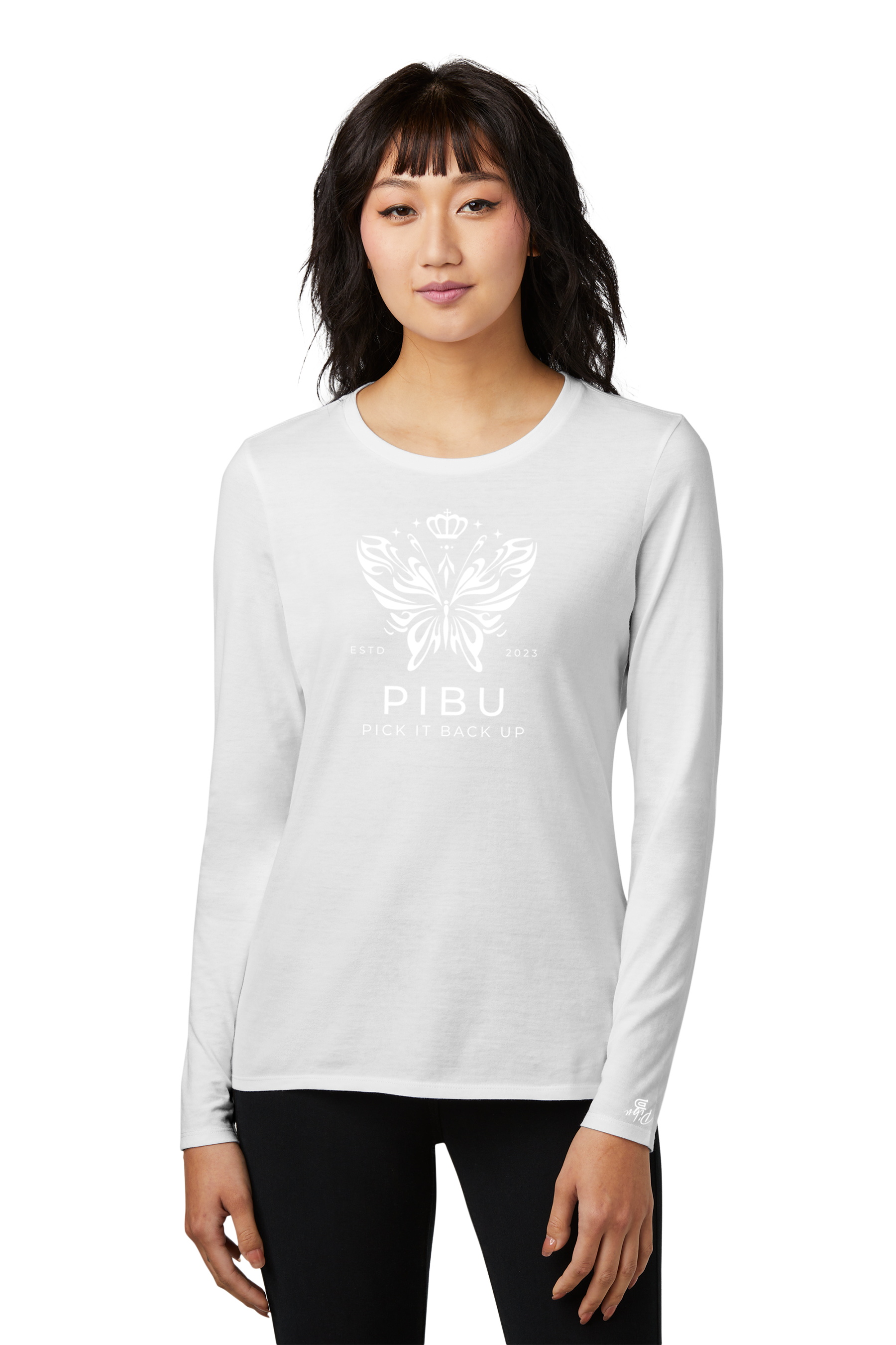 Women's PIBU Butterfly Round Neck Fitted Long Sleeve - White