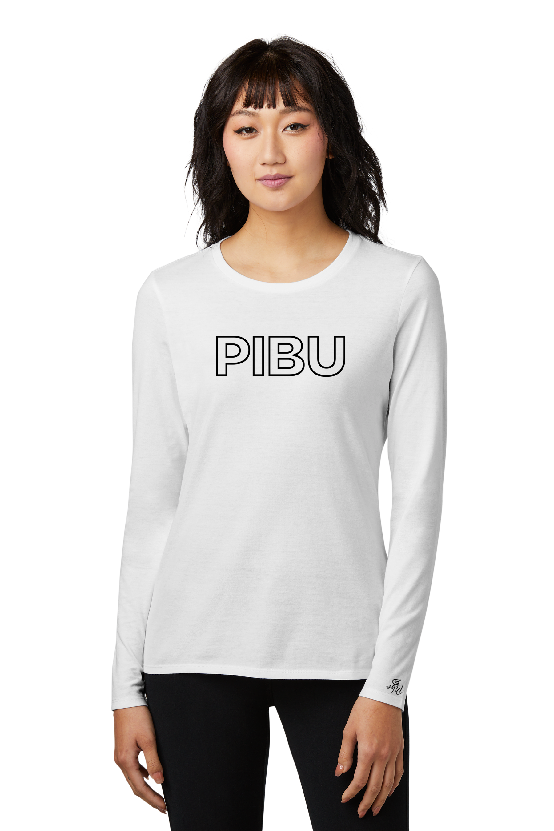 Women's PIBU Classic Outlined Round Neck Fitted Long Sleeve - Black