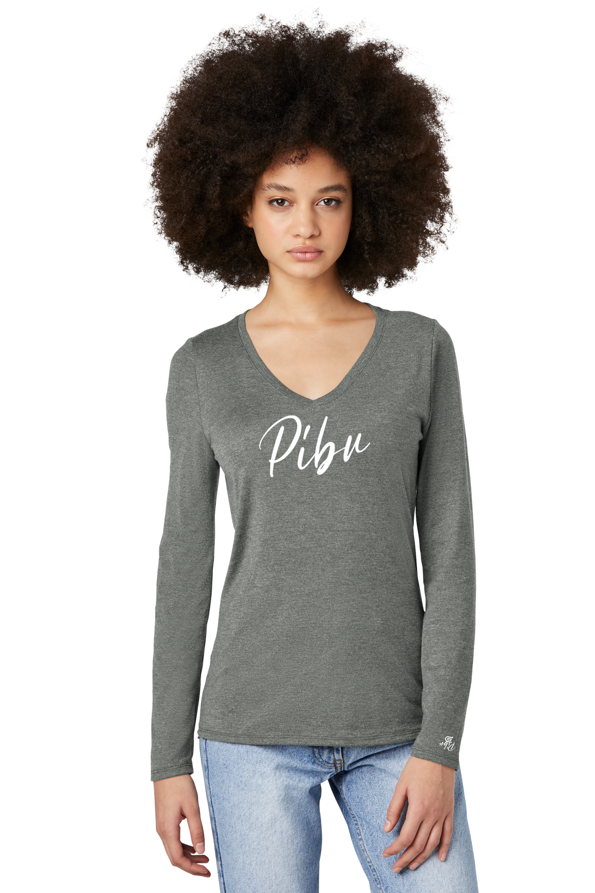 Women's PIBU Script V-Neck Long Sleeve - White