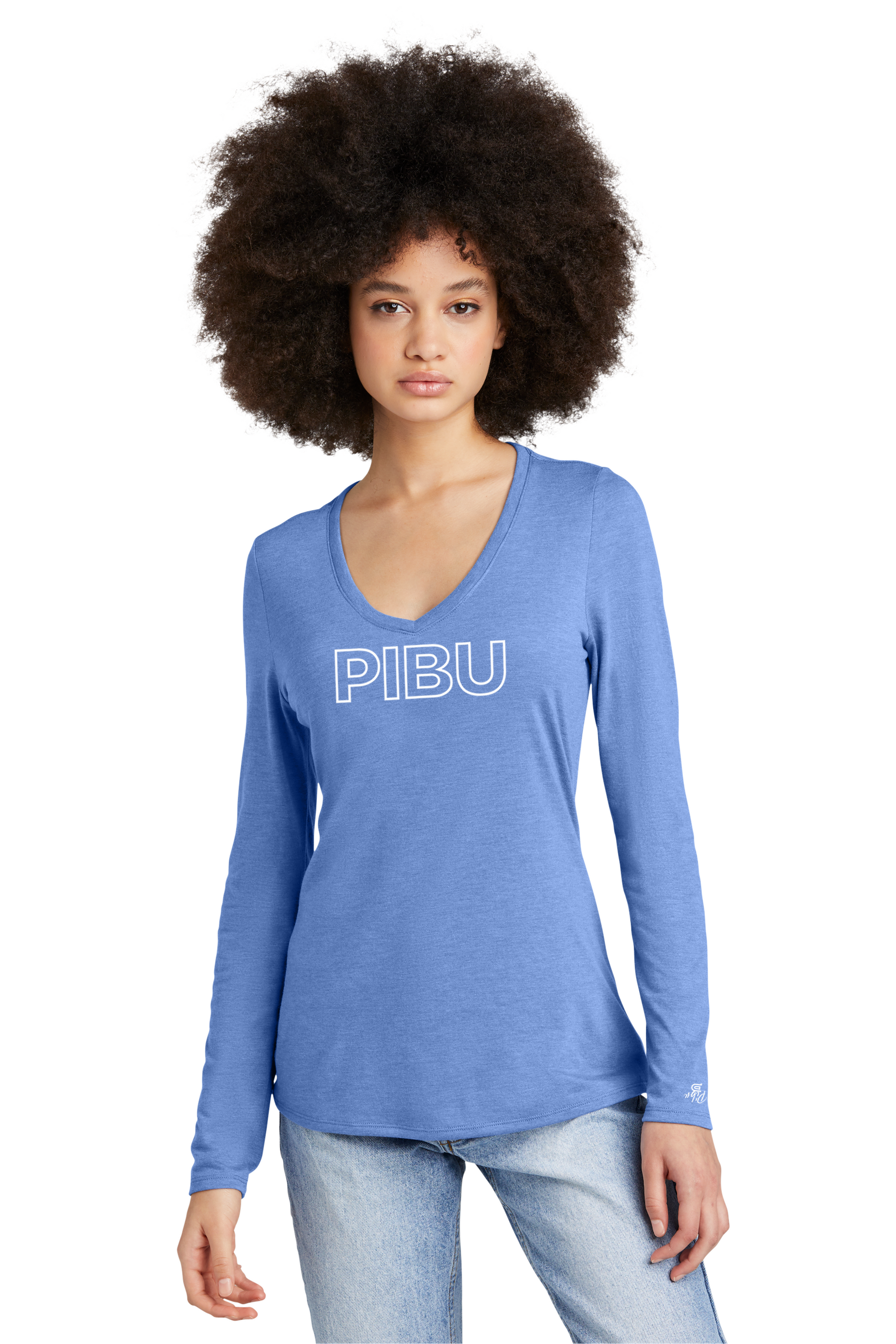 Women's PIBU Classic Outlined V-Neck Long Sleeve - White