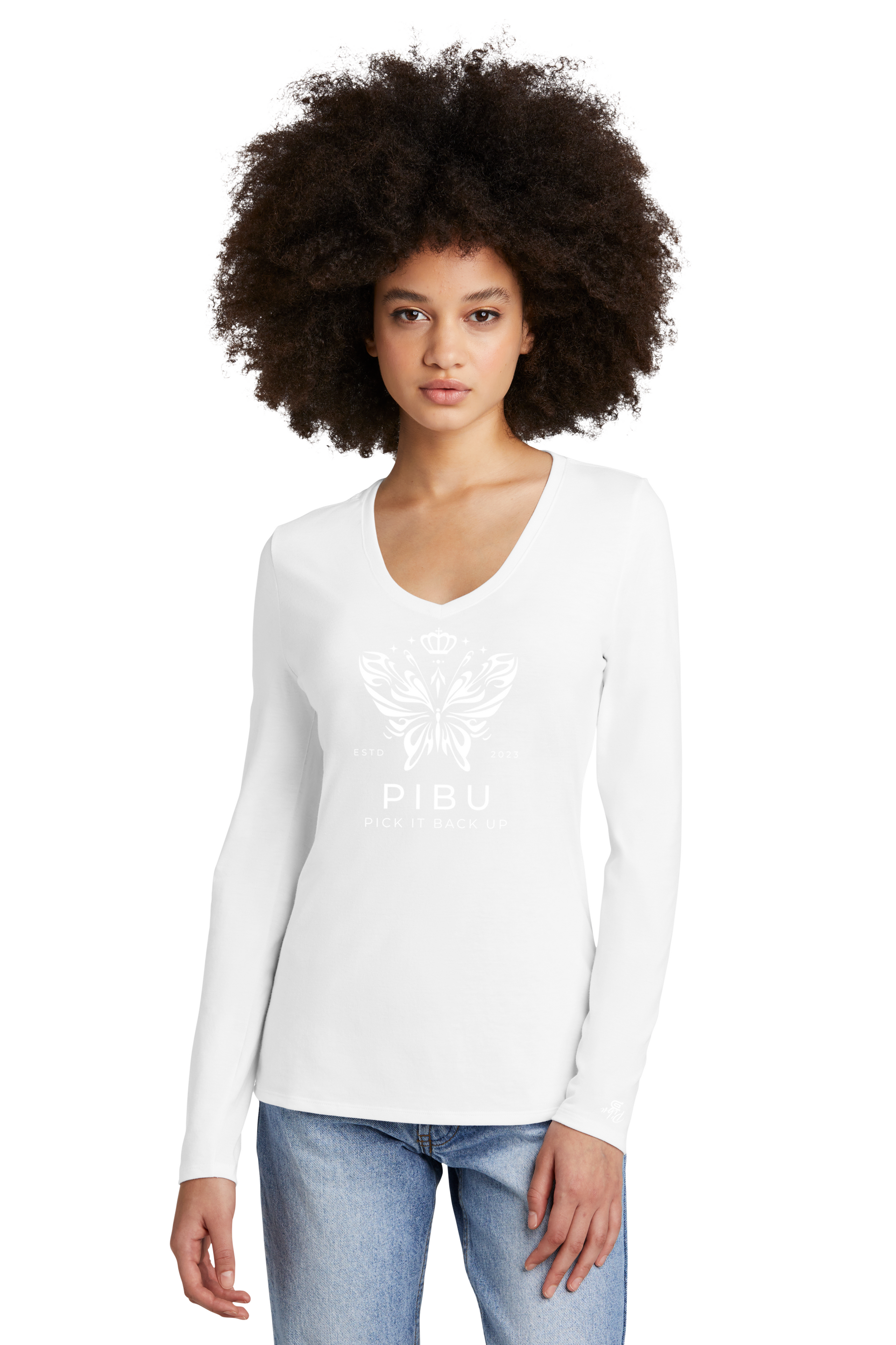 Women's PIBU Butterfly V-Neck Long Sleeve - White