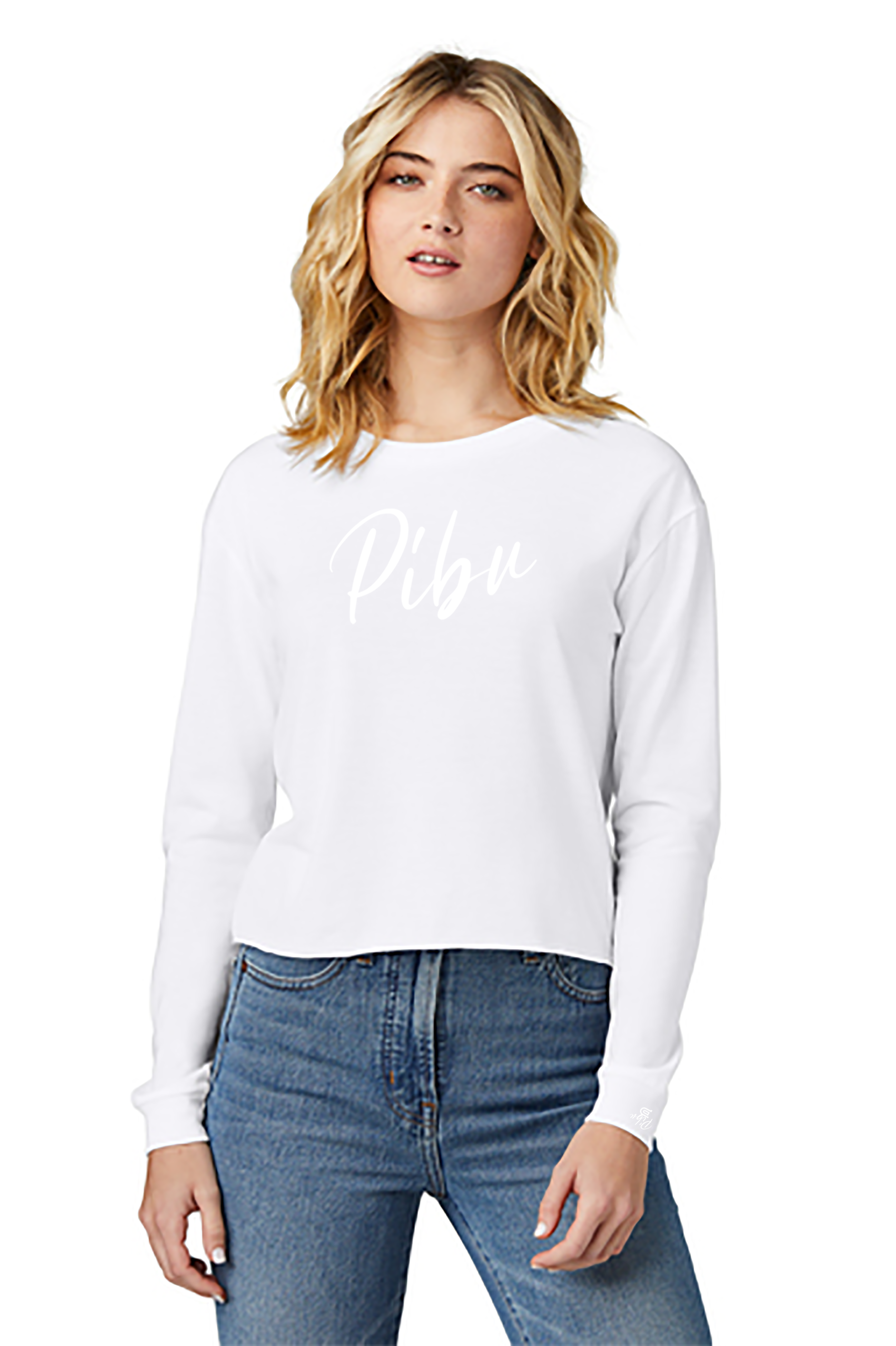 Women's PIBU Script Cropped Long Sleeve - White