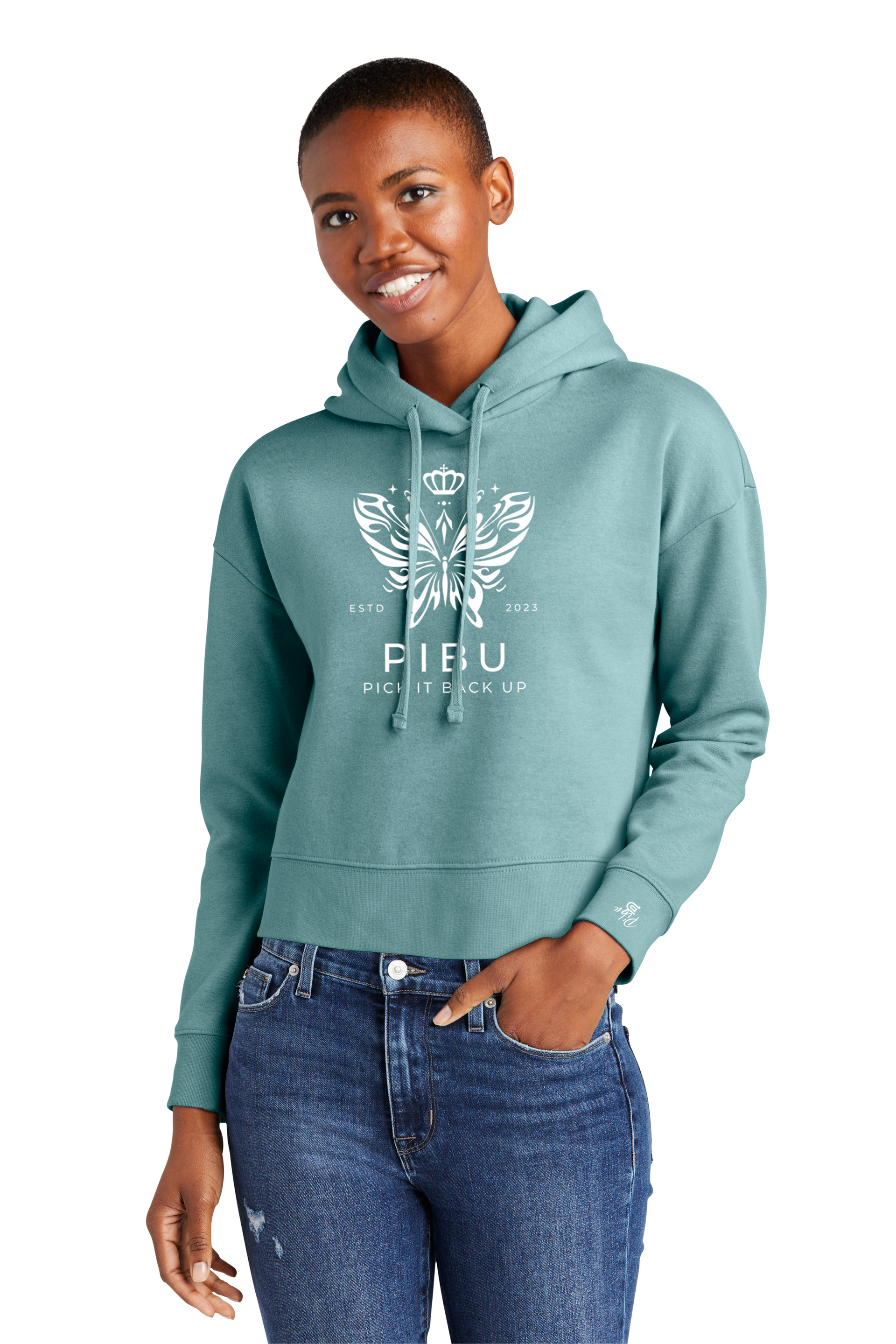 Women's PIBU Butterfly Cropped Fleece Hoodie - White