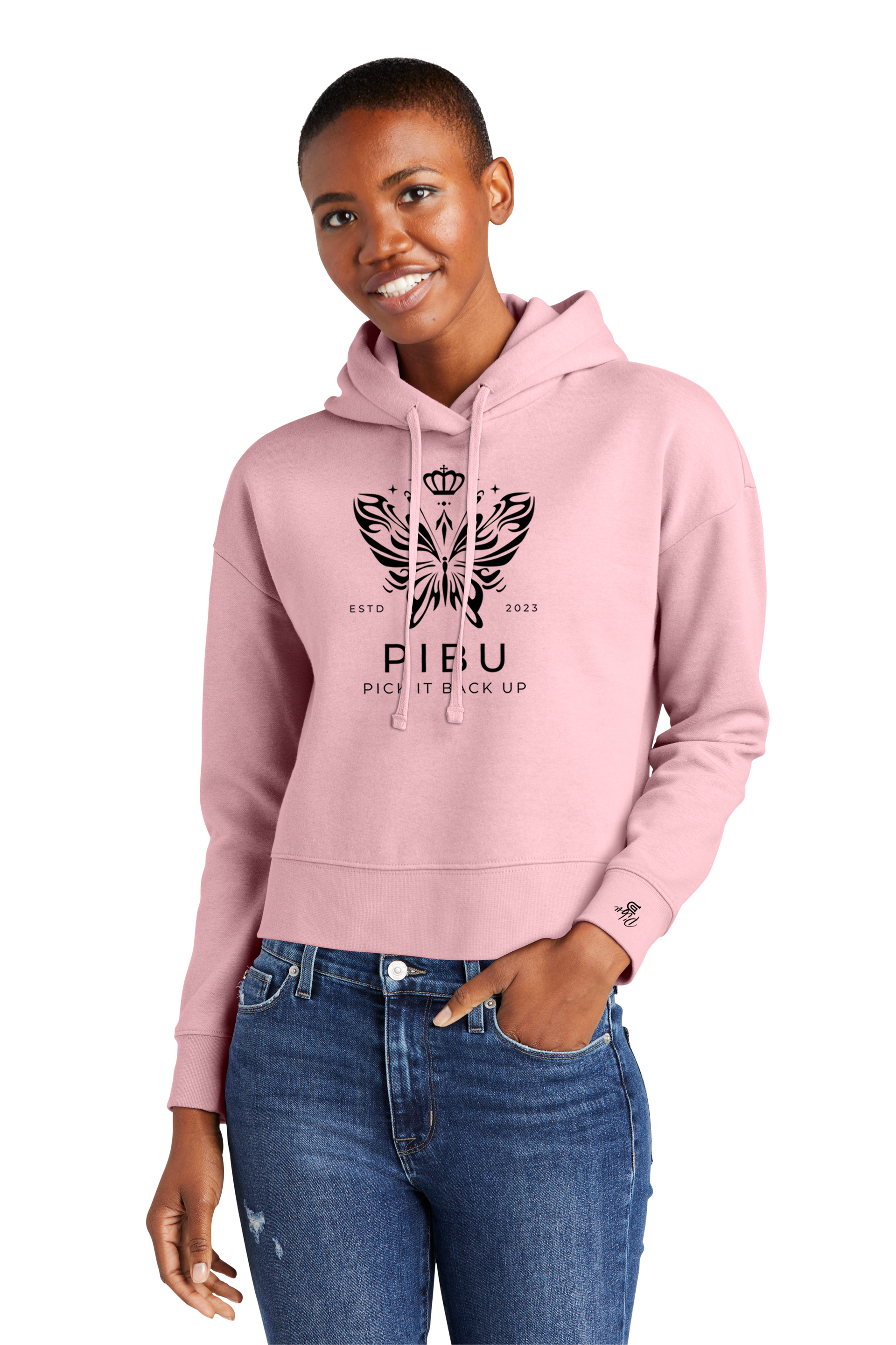 Women's PIBU Butterfly Cropped Fleece Hoodie - Black